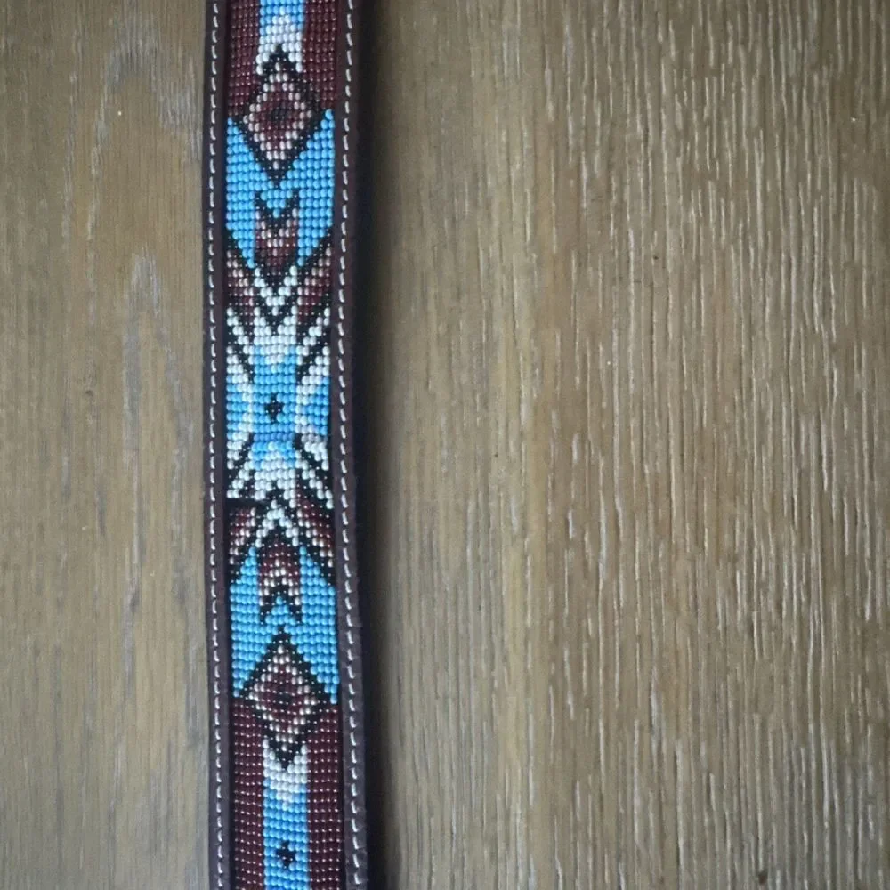 Twisted X Beaded Western Leather Belt Ss 38 Turquoise Brown Silver Buckle Boho